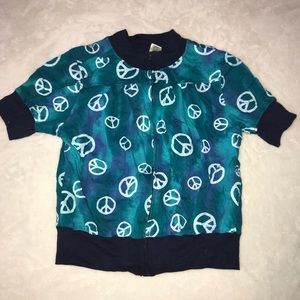 Girls zip up short sleeve peace sign top